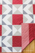 Load image into Gallery viewer, Looking for a fresh, modern quilt pattern? This 5-colour Aztec-inspired quilt is a stunner in pinks, gray, and white—creating a chic mod rose vibe! The simplified palette makes fabric pulling easy while still delivering a bold, geometric design perfect for modern decor.