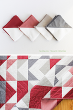 Load image into Gallery viewer, This Modern Aztec quilt pattern is perfect for those who love minimalist impact with maximum style. Shown in soft pinks and cool grays on a white background, this 5-colour quilt offers a sleek and feminine take on geometric quilting. Great for baby quilts, modern bedrooms, or wall hangings.