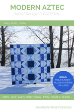 Load image into Gallery viewer, Transform 10 fabrics into a bold modern quilt with this Aztec-inspired pattern! Shown in an all-blue version using the Bequest fabric line, this pattern pops with movement and contrast. Ideal for confident beginners looking for a project with color flexibility and style.
