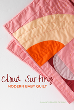 Load image into Gallery viewer, Modern, minimal, and perfect for the nursery—the Cloud Surfing Quilt baby size adds gentle motion and style to any space. Featuring oval Drunkard’s Path blocks in an abstract, wave-like layout, it’s ideal as a baby quilt or a stunning wall hanging for a modern nursery. #ModernBabyQuilt #CloudSurfingQuilt #NurseryWallHanging #CurvedPiecing #MinimalistQuiltDesign