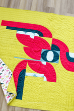 Load image into Gallery viewer, Curves, bold colour, and plenty of negative space make the Cloud Surfing quilt a striking modern quilting project. Explore how fuchsia, teal, pale blue, and yellow-green fabrics create movement across this abstract quilt design.
#CurvedPiecing #ModernQuiltPattern #QuiltInspiration #AbstractQuilt #CloudSurfingQuilt