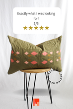 Load image into Gallery viewer, Green patterned pillow on a wooden stool with a 5-star rating text overlay