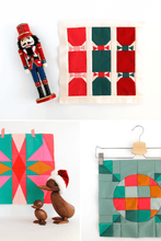 Load image into Gallery viewer, Colourful handmade holiday quilt blocks featuring modern geometric patchwork designs. Festive 12-inch blocks perfect for Christmas sampler quilts, pillows and seasonal sewing projects.