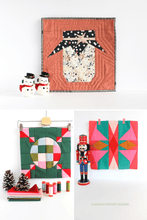 Load image into Gallery viewer, Holiday quilting inspiration featuring modern festive quilt blocks and handmade patchwork projects. Mix and match five 12-inch block patterns to create Christmas quilts, table runners and pillows.