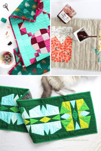 Load image into Gallery viewer, Handmade holiday table runner featuring modern patchwork quilt blocks. Festive quilting inspiration for creating seasonal table decor with colourful fabrics and geometric quilt designs.