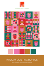 Load image into Gallery viewer, Modern holiday sampler quilt mock-up combining five festive 12-inch quilt block designs. A colourful mix-and-match Christmas quilting project featuring geometric patchwork.
