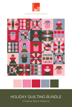 Load image into Gallery viewer, Holiday quilt layout inspiration featuring a mix of modern Christmas quilt blocks arranged into a festive patchwork design. Create a unique quilt using individual PDF block patterns.