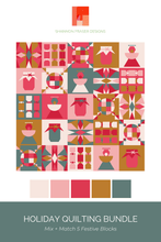 Load image into Gallery viewer, Contemporary holiday quilt mock-up showing how festive quilt block patterns can be mixed and matched into a creative seasonal project using bold colours and modern geometric shapes.