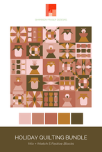 Load image into Gallery viewer, Holiday quilt layout inspiration featuring a mix of modern Christmas quilt blocks arranged into a festive patchwork design. Create a unique quilt using individual PDF block patterns.