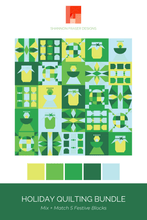 Load image into Gallery viewer, Holiday quilt layout inspiration featuring a mix of modern Christmas quilt blocks arranged into a festive patchwork design. Create a unique quilt using individual PDF block patterns.