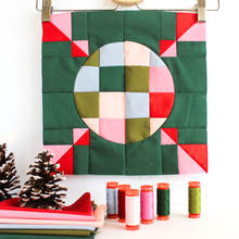Load image into Gallery viewer, Merry Midnight Quilt block featuring HST, 4-patch and quarter circles