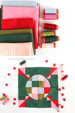 Load image into Gallery viewer, Colorful fabric swatches and spools of thread with a quilt block on a white background, featuring Shannon Fraser Designs.