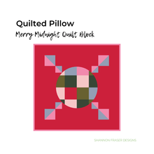 Load image into Gallery viewer, Quilt block design with geometric pattern on a red background, labeled 'Merry Midnight Quilt Block' by Shannon Fraser Designs.