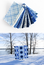 Load image into Gallery viewer, Love blues? This modern Aztec quilt pattern uses 10 different fabrics from the Bequest fabric line—all in blue tones—for a striking, cohesive design. Small prints add subtle texture and detail, making this a perfect project for modern makers who want something bold and timeless.