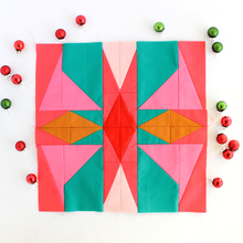 Load image into Gallery viewer, Colorful geometric quilt block with Christmas ornaments on a white background