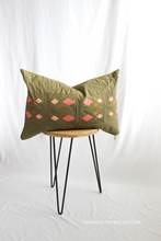 Load image into Gallery viewer, Moss green and coral lumbar Guiding Lights pillow by Shannon Fraser Designs #patchworkpillow 