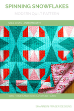 Load image into Gallery viewer, Spinning Snowflakes Quilt pattern designed for multiple sizes — block scale adjusts with each quilt size