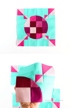 Load image into Gallery viewer, Merry Midnight quilt block pattern is perfect for learning half-square triangles, curved piecing and classic 4-patch in one block!