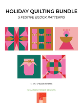 Load image into Gallery viewer, Holiday Quilting Bundle featuring five colourful modern Christmas and holiday quilt block patterns in pink, green, red and gold. Digital PDF patterns by Shannon Fraser Designs.
