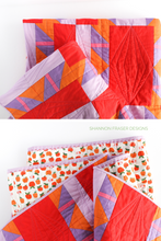 Load image into Gallery viewer, Quilting details on the Shattered Star lap quilt featuring Ruby &amp; Bee solids in purple, orange, pink, red and lilac. Modern beginner friendly quilt pattern by Shannon Fraser Designs #quilt