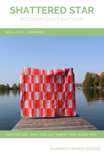 Load image into Gallery viewer, Shattered Star quilt pattern - beginner friendly modern take on a star quilt, available in 7 sizes from baby through King. Shannon Fraser Designs #modernquiltpattern